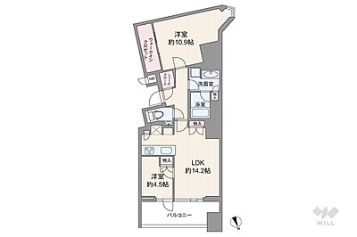 間取り：間取りは専有面積73.55平米の2LDK。LDK約14.2帖のセンターイン・縦長リビングのプラン。バルコニー面積は11.6平米です。