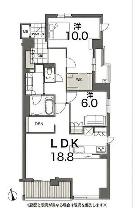 LDK約18.8帖、洋室約10帖・6帖、納戸約2.1帖の2LDK+Sです。