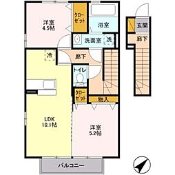 アムール岡崎　Ａ 2階2LDKの間取り