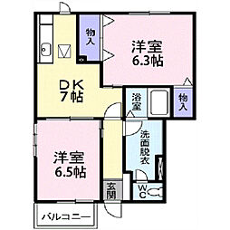 ベルフラワーＤ 1階2DKの間取り