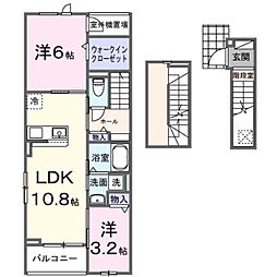 ヒカルサ⼟浦神⽴イーストI 3階2LDKの間取り