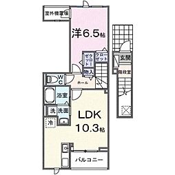 ヒカルサ⼟浦神⽴イーストI 2階1LDKの間取り