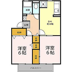 ハイカムール東台Ｄ棟 2階2DKの間取り