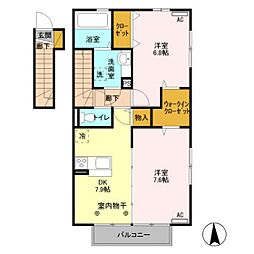 α台門 2階2DKの間取り
