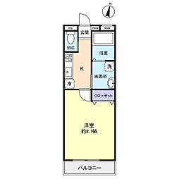 グランシャルム勝田台 2階1Kの間取り