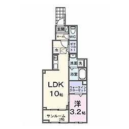 フォンテーヌ春日 1階1LDKの間取り