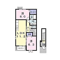 ノートル・レーヴ　F 2階2LDKの間取り