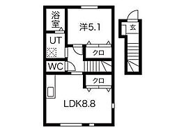 ワンリッチ金ヶ崎C 207号室 2階1LDKの間取り