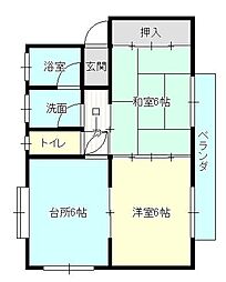 JR福塩線 神辺駅 徒歩3分の賃貸アパート 1階2DKの間取り