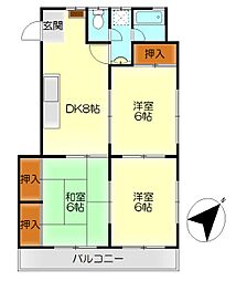Kコート大学前 2階3DKの間取り