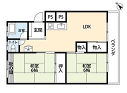 コクサイプラザ昭和EAST 2DKの間取図画像