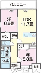石田シティ新都心 206 2階2LDKの間取り