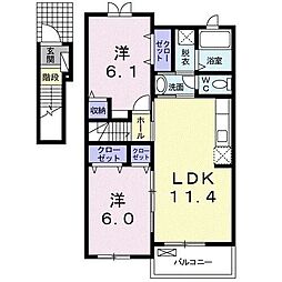 カーサ・クレイドル 202 2階2LDKの間取り