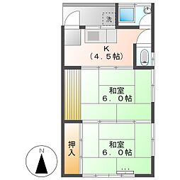 高知市神田　2K　2F（南向き・駐車場有） 2階2Kの間取り