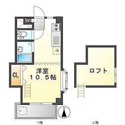 高知市城山町 1Rロフト 最上階 4階ワンルームの間取り