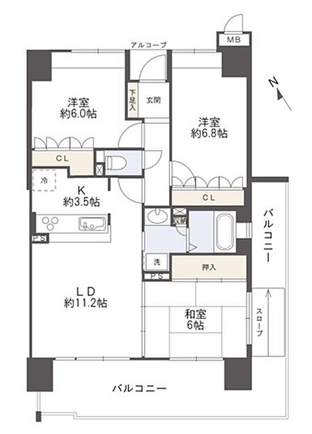 LDK約14.7帖、和室6畳、洋室約6.8帖、約6帖。南東角部屋で2面バルコニーのあるお部屋です。