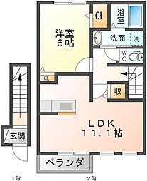 アルドーレ星原 2階1LDKの間取り