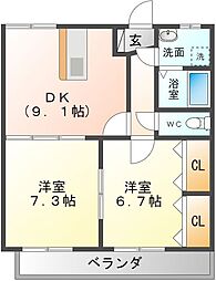 リアン田の上 1階2DKの間取り