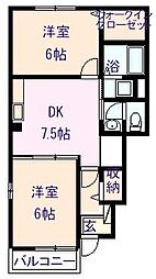 リヴェールVII 1階2DKの間取り