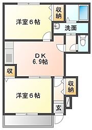 グランドヒルA棟 2DKの間取図画像