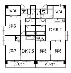 クレアフジモト 2階2DKの間取り