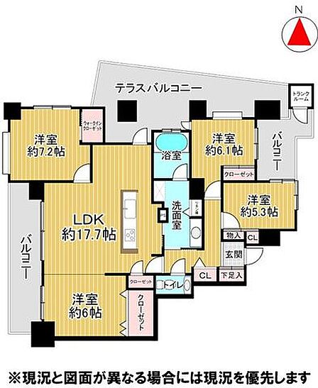 97.22m2の広々4LDK。17.7帖のLDK、全居室収納、テラスバルコニー付き。