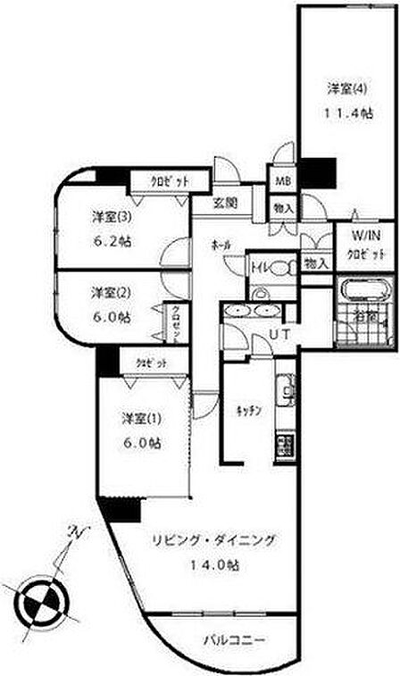 【間取図】11.4帖の主寝室やウォークインクローゼットなど収納豊富な快適4LDK 。