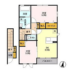アクアパーム　Ｄ 2階2DKの間取り
