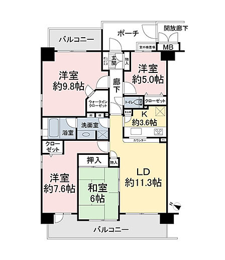 西北東の三方角部屋 2階部分、西向き、90.52? 4LDK+WIC