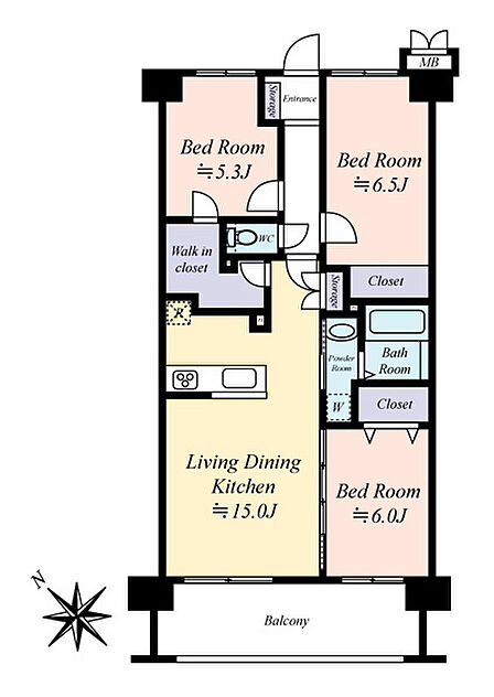 専有面積73.08m2、3LDKの間取り、2003年11月建築