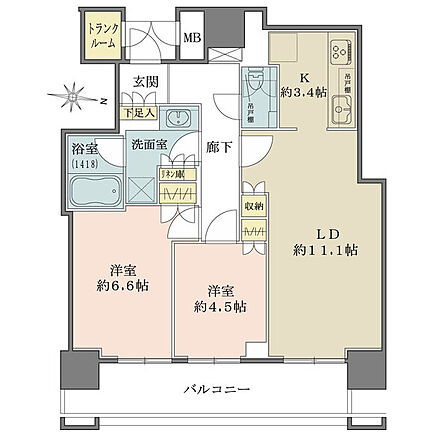 全居室が東向きバルコニーに面しています。室内随所の収納に加え、玄関にトランクルームも備わっています。