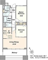 クレヴィアタワー目黒不動前 2LDKの間取り