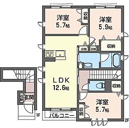 ドゥ　ラ　レーヌ　Ｆ 2階3LDKの間取り