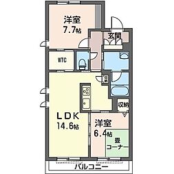 フリューゲル 2LDKの間取図画像