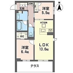 シュプリーム 1階2LDKの間取り