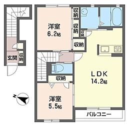 リヴィエールコートＡ 2階2LDKの間取り
