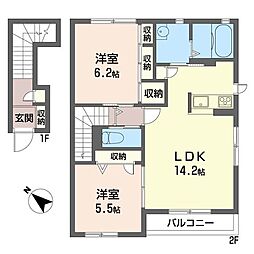 リヴィエールコートＣ 2階2LDKの間取り