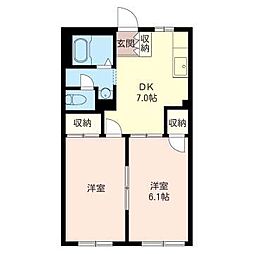 ベルビラ−ジュ桜町 2階2DKの間取り