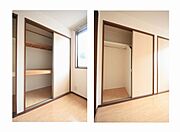 【Ｒｏｏｍ(2)収納】洋室収納はハンガーパイプ・仕切り棚があり収納力効率を高めた設計です。衣装ケース等、手持ちの収納を活かして更に収納力もアップ可能です。