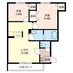 レイクシティー御茶園　Ｄ 1階2LDKの間取り