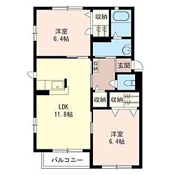 プリマベーラＢ 1階2LDKの間取り