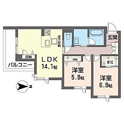 フォンターナＹＵ 00103 1階2LDKの間取り