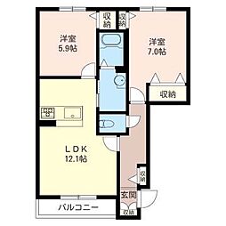 サニーフラット三咲 2LDKの間取図画像