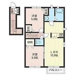 北原レジデンスB 2LDKの間取図画像