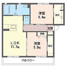 シャンティ韮川　Ｃ 1階2LDKの間取り