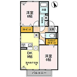 ダイヤモンド　B 1階2DKの間取り
