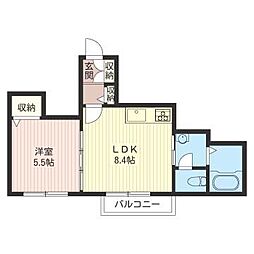 ミドルフィールド羽衣町 2階1LDKの間取り