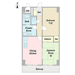 グランディール 3階2DKの間取り