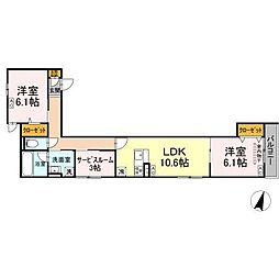 セレスティア扇VII 2階2LDKの間取り