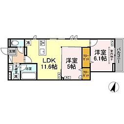 セレスティア扇VII 2階2LDKの間取り